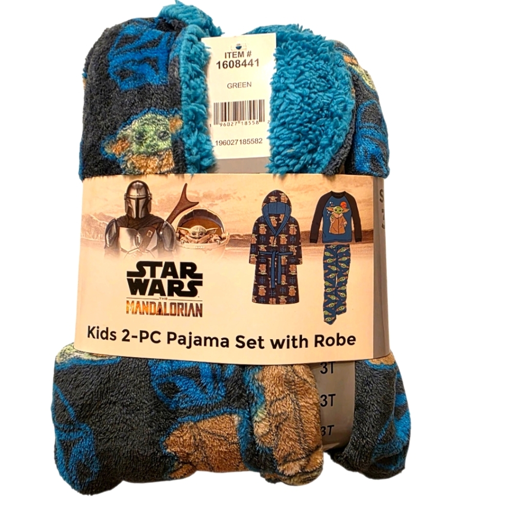 Star Wars Mandalorian Kids 3 Pc Fleece Pajama And Robe Set 3T Teal Black Tan NEW